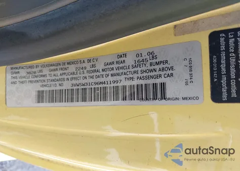 2006 Volkswagen New Beetle 2.5 from USA, damaged, VIN 3VWSW31C96M411997